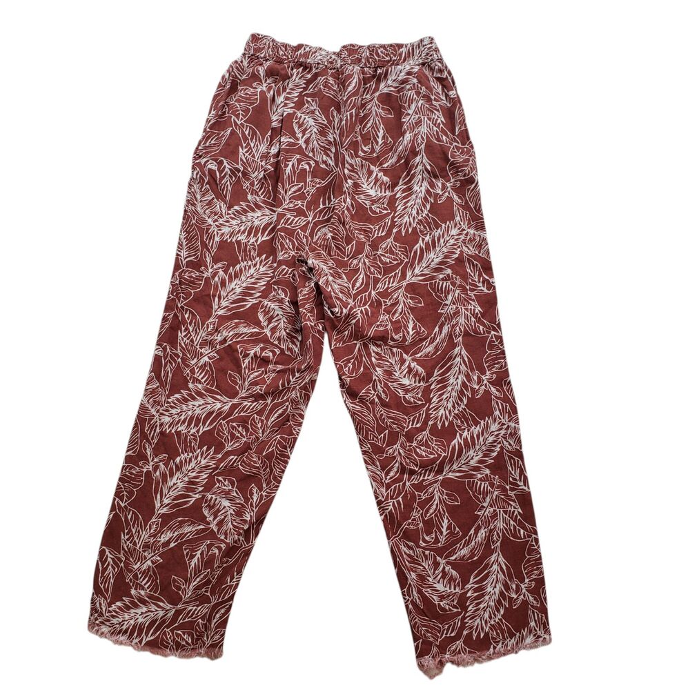 Cathy Linen Blend Pants Womens Small Rust Leaf Print Hawaiian Tropical Raw Hem - Picture 7 of 8